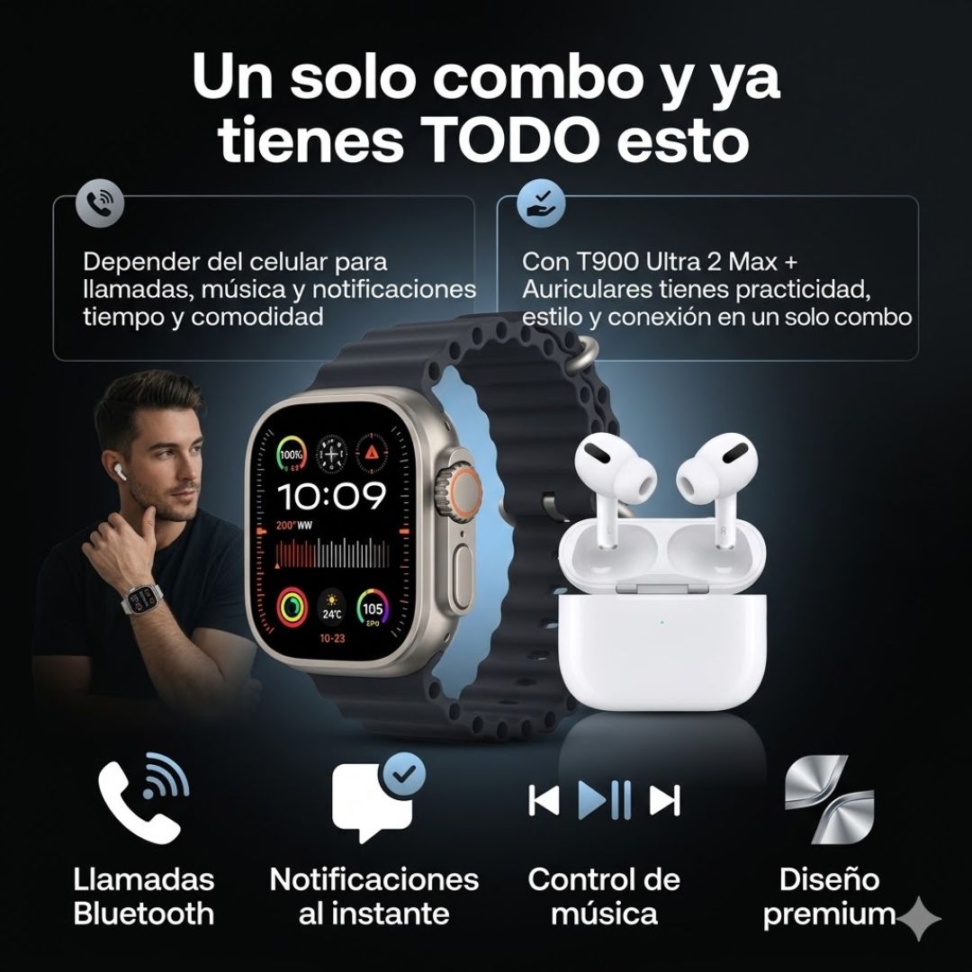Smartwatch T900 Ultra 2 Max (Correa Negra) + Audífonos Inalámbricos