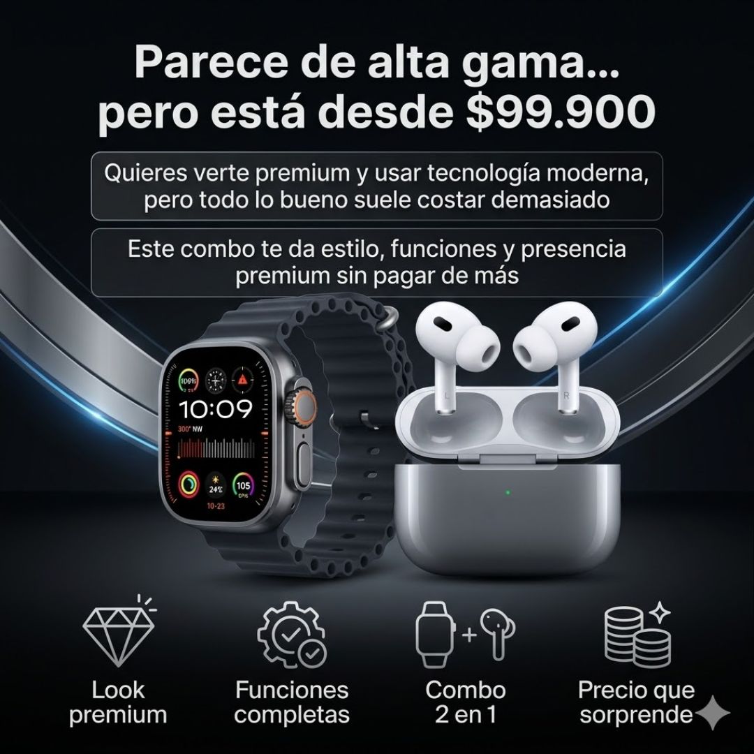 Smartwatch T900 Ultra 2 Max (Correa Negra) + Audífonos Inalámbricos