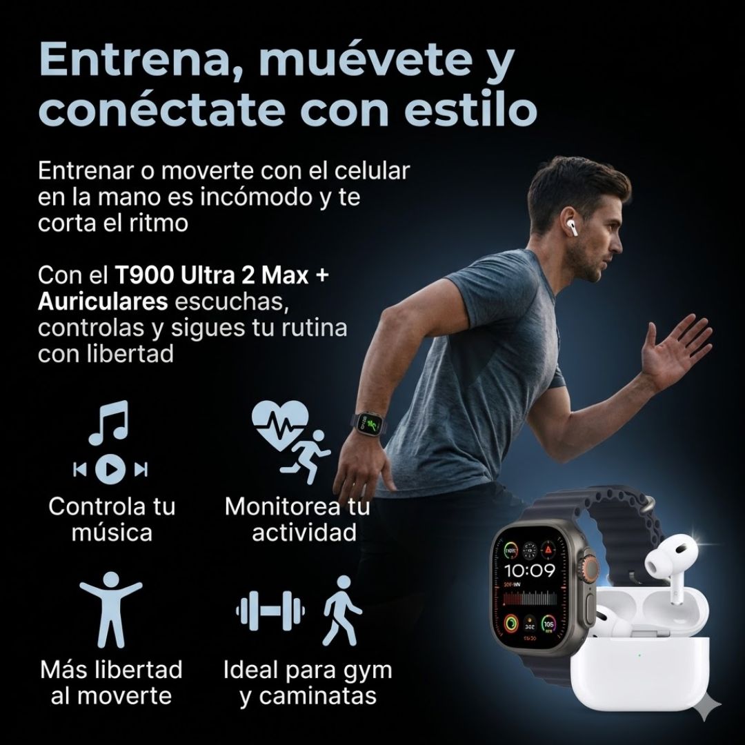 Smartwatch T900 Ultra 2 Max (Correa Negra) + Audífonos Inalámbricos