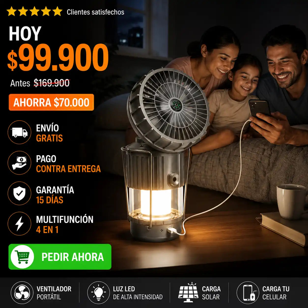 Linterna Ventilador 4 en 1: Luz LED, Carga USB, Panel Solar, Carga Eléctrica y Envío Gratis